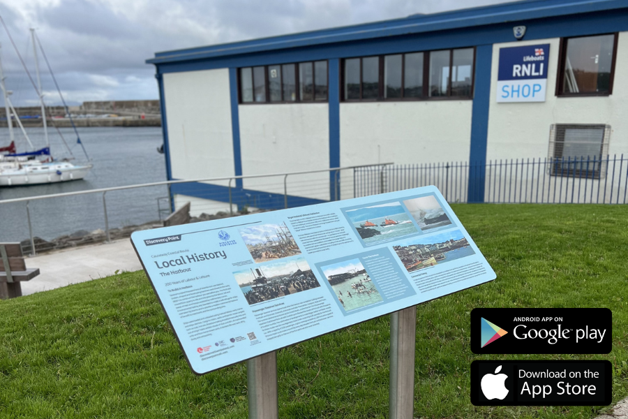 Discover Portrush Heritage Trail App Cover Image featuring Portrush Lifeboat House and Harbour